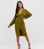 Asos Design Petite Midi Dress With Batwing Sleeve And Wrap Waist In Satin-green