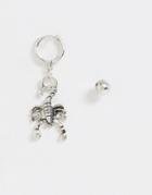 Asos Design Scorpion Single Drop Earring With Stud In Burnished Silver Tone
