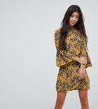 Parisan Petite High Neck Floral Dress With Flare Sleeve - Yellow