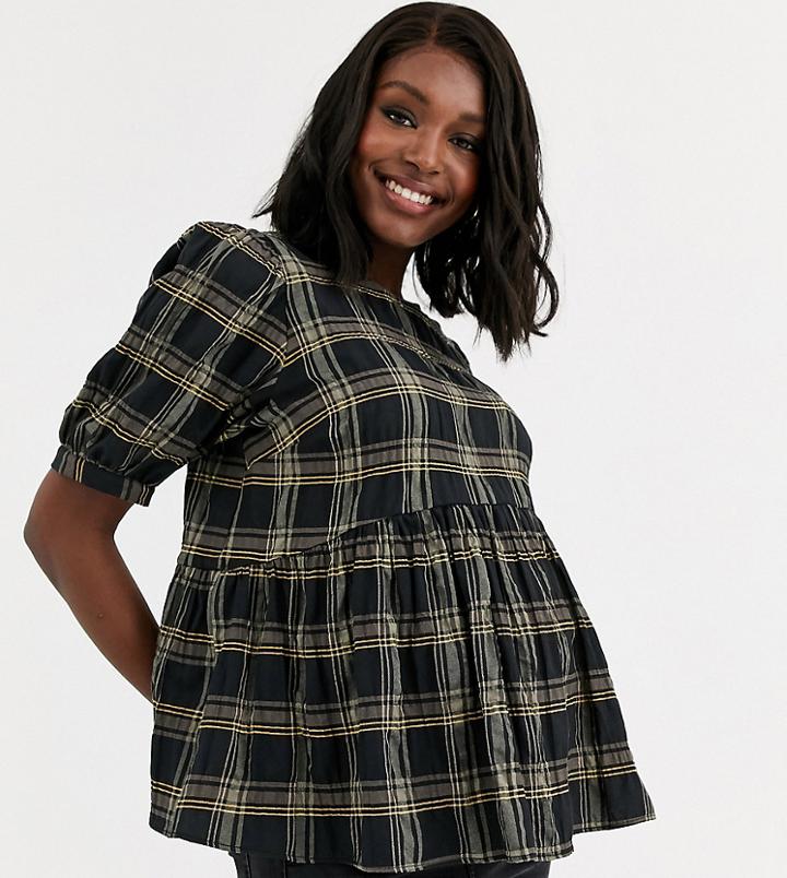 Asos Design Maternity Short Sleeve Smock Top In Check Print