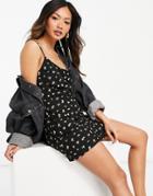 Asos Design Linen Cami Mini Sundress In Black Based Floral Print-multi