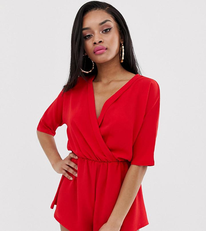 Prettylittlething Petite Wrap Romper In Red - Red