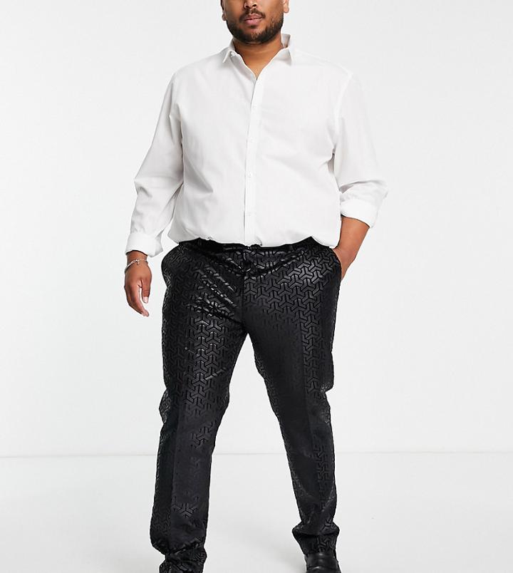 Twisted Tailor Plus Smart Pants In Black With Tonal Geometric Flocking