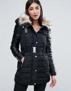 Lipsy Quilted Belted Parka With Faux Fur Hood - Black