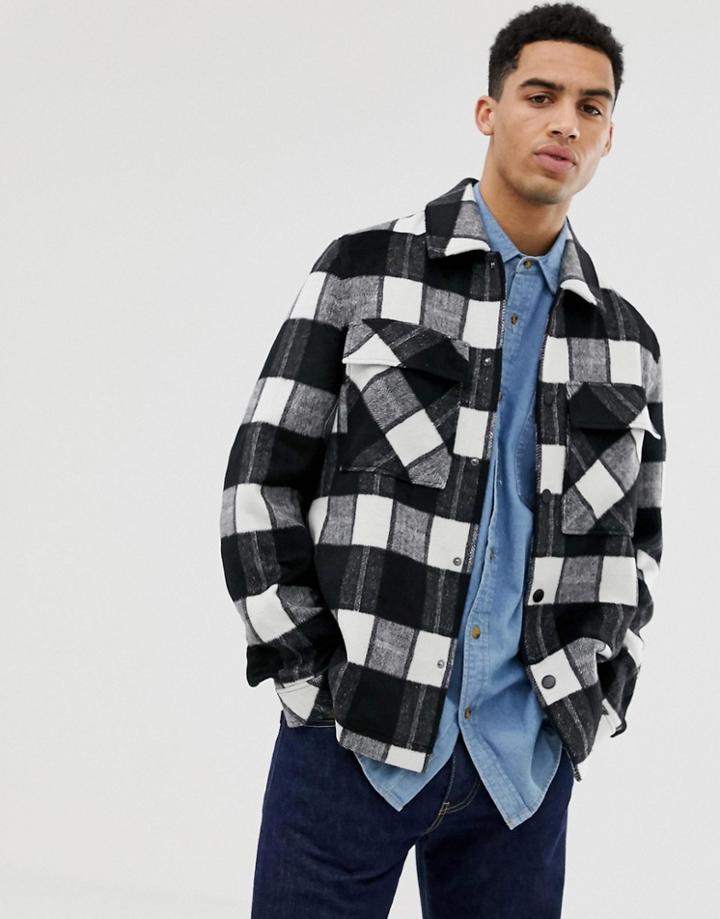 Asos Design Unlined Wool Mix Jacket In Black And White Check - Black