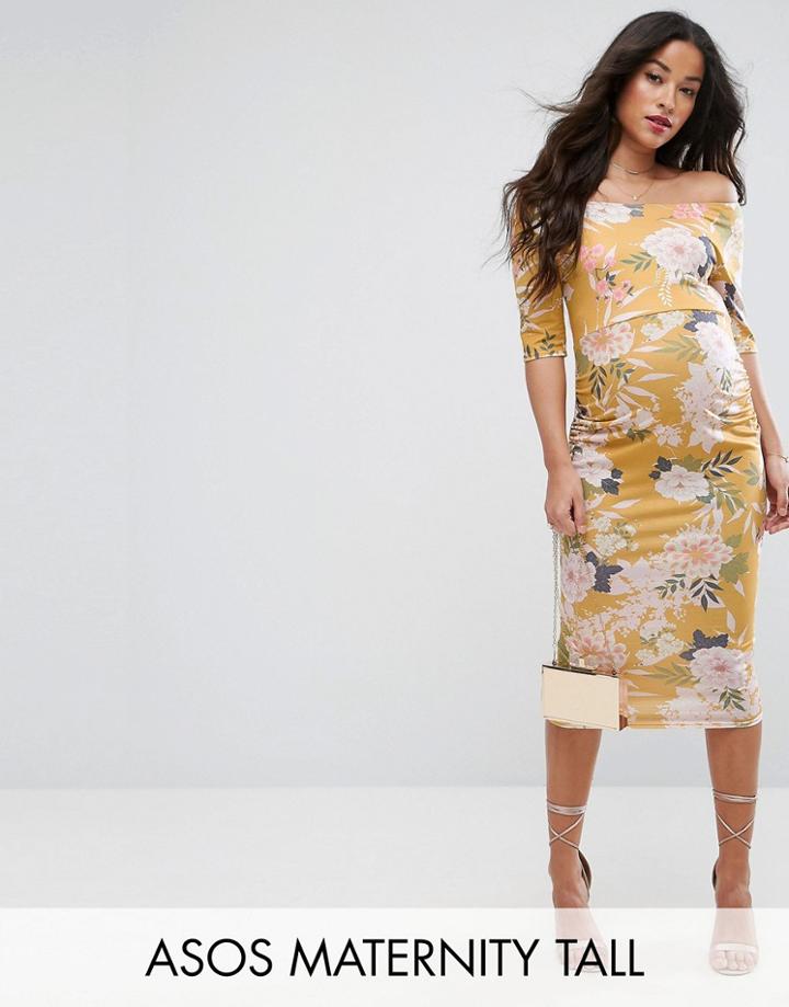 Asos Maternity Tall Bardot Dress With Half Sleeve In Yellow Base Floral Print - Multi
