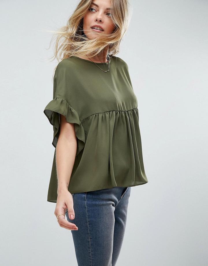 Asos Smock Top With Ruffle Sleeve - Green
