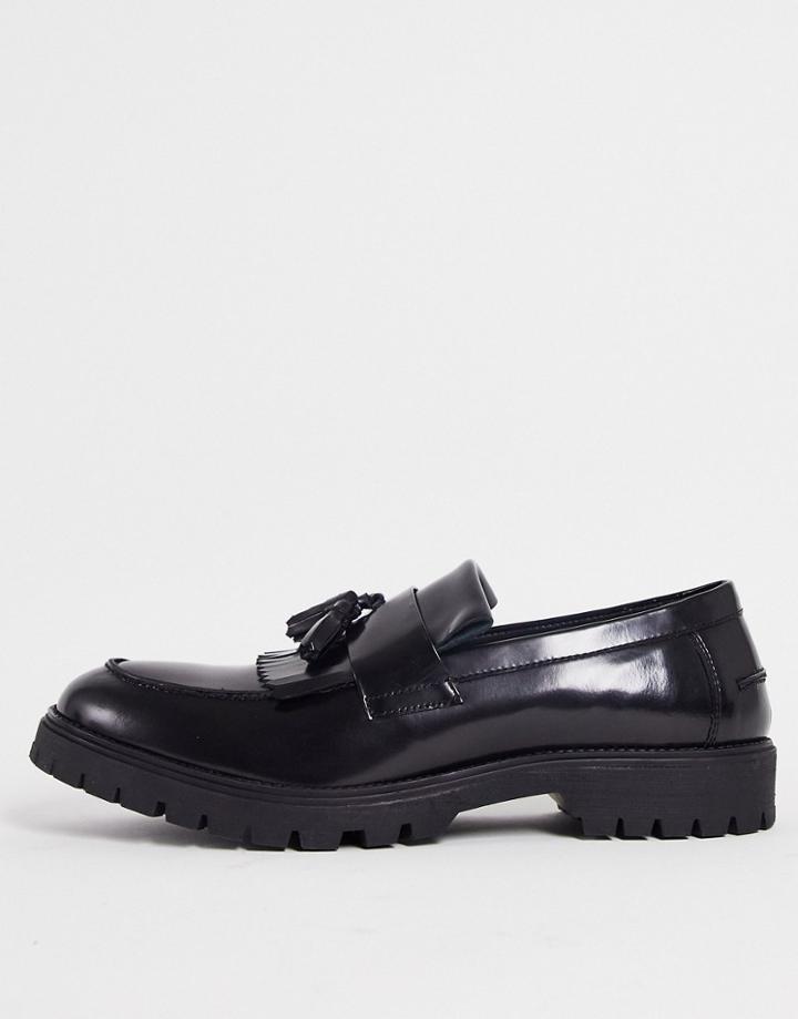 Red Tape Chunky Tassel Loafers In Black High Shine Leather