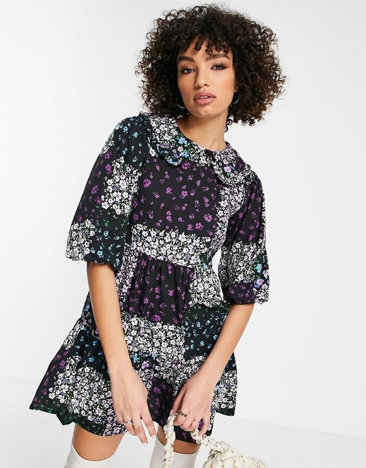 Violet Romance Smock Mini Dress With Frill Collar In Patchwork Floral Print-multi