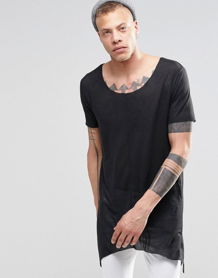 Asos Super Longline T-shirt In Sheer Rib With Scoop Neck And Hem Interest - Black