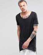 Asos Super Longline T-shirt In Sheer Rib With Scoop Neck And Hem Interest - Black