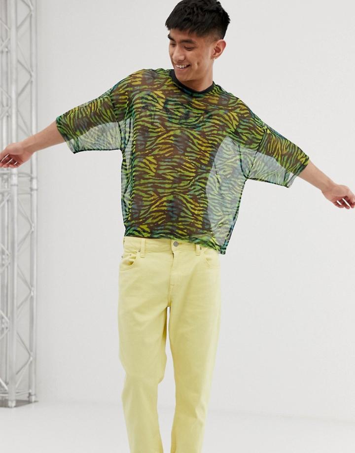 Asos Design Cropped Oversized T-shirt With Neon Animal Print In Mesh - Green