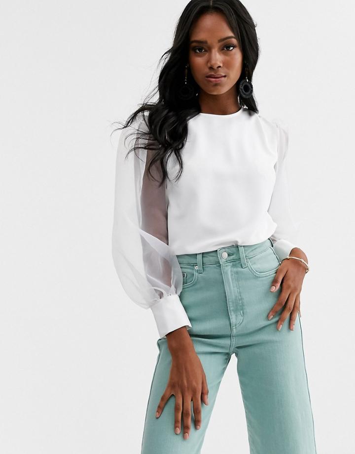 Asos Design Top With Organza Sleeve Detail-white