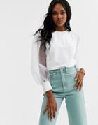Asos Design Top With Organza Sleeve Detail-white