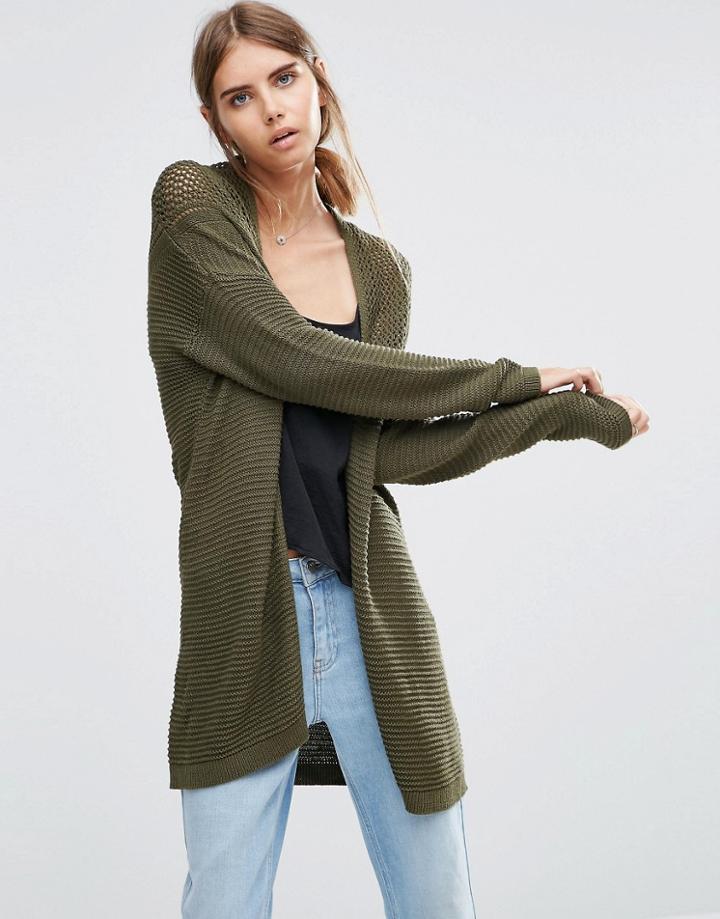 Vila Longline Cardigan With Open Weave Yoke - Green