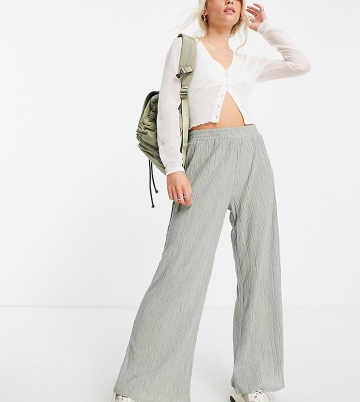Asos Design Petite Straight Leg Crinkle Pant With Wrap Tie Waist In Sage-green