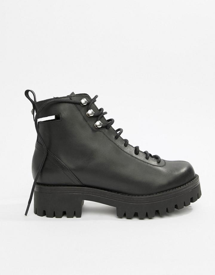 Asos Design Premium Rivalry Leather Chunky Lace Up Ankle Boots - Black