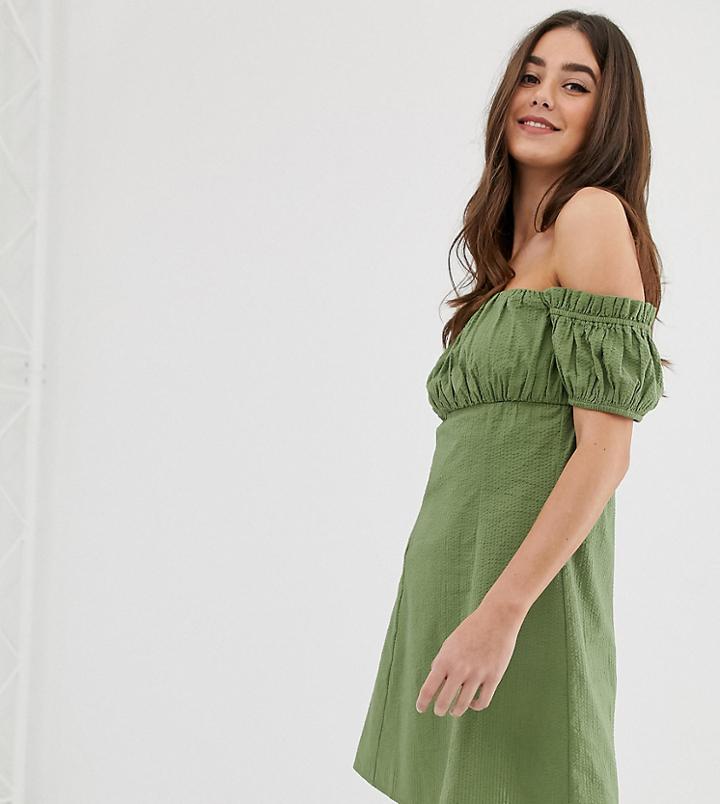 Asos Design Tall Off Shoulder Mini Sundress With Ruched Bust - Green