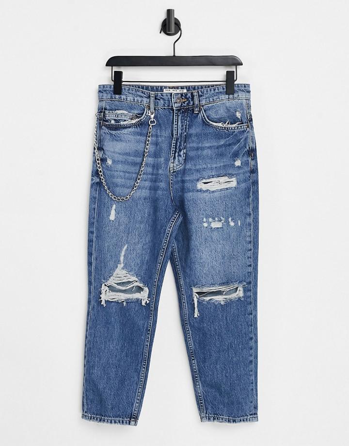 Pull & Bear Relaxed Fit Jeans With Chain And Rips In Blue-blues