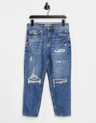 Pull & Bear Relaxed Fit Jeans With Chain And Rips In Blue-blues