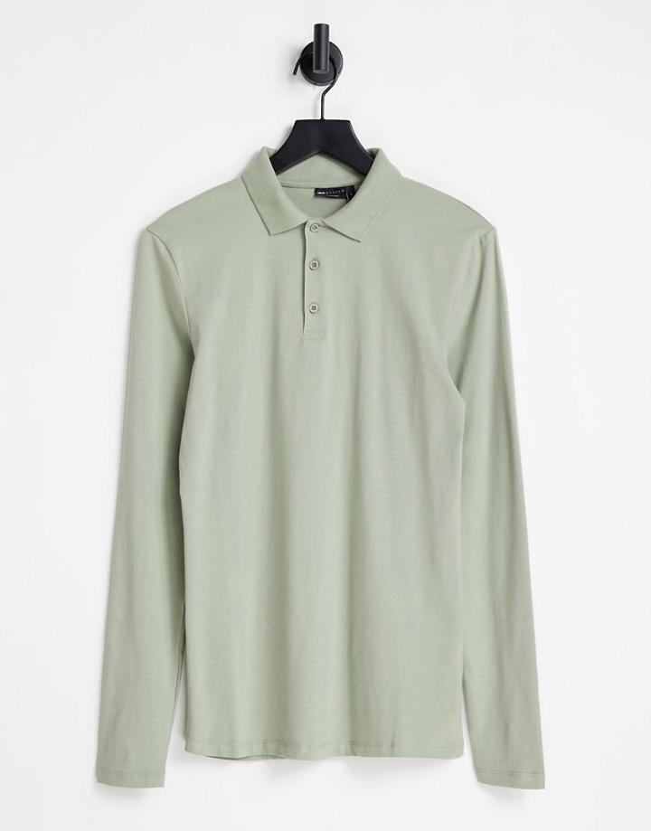 Asos Design Organic Cotton Blend Muscle Fit Long Sleeve Jersey Polo In Washed Khaki-green