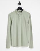 Asos Design Organic Cotton Blend Muscle Fit Long Sleeve Jersey Polo In Washed Khaki-green