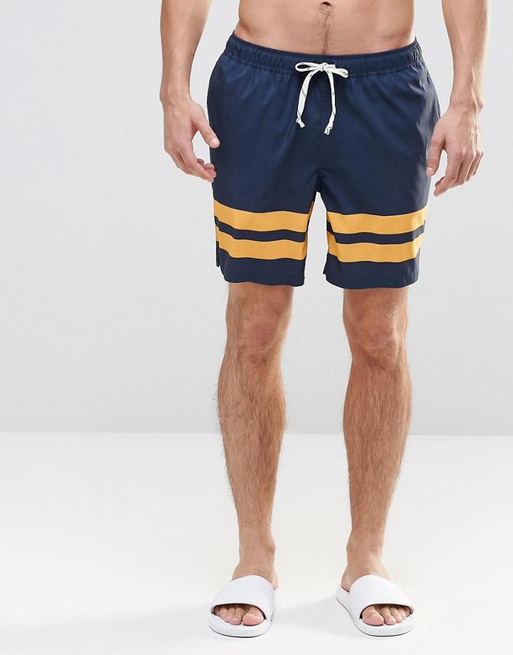 Asos Swim Shorts In Navy With Placement Stripe And Drawcord Detail In Mid Length - Navy
