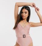 Asos Design Petite Underwired Belted Swimsuit In High Shine Mink-brown