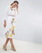Asos Design Premium Embroidered Midi Dress With Lace Inserts And Floral Embroidery - White