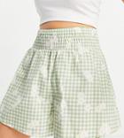 Asos Design Petite Flippy Cotton Shorts With Shirred Waist In Green Gingham Floral Print-multi