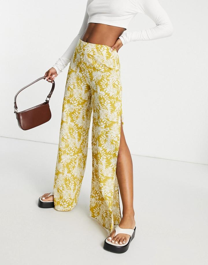 En Cr Me Wide Leg Pants With Split In Yellow Floral
