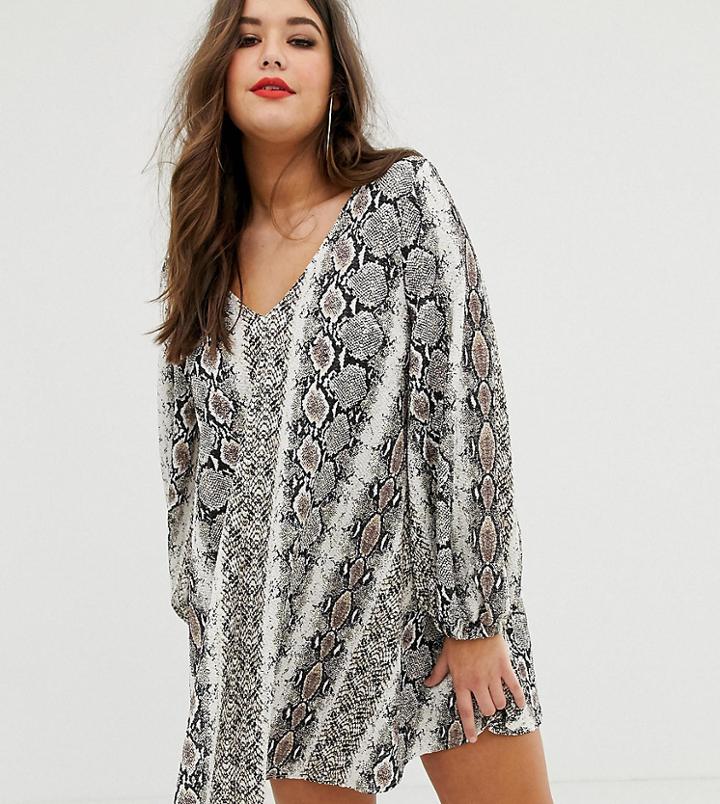 Asos Design Curve Textured Mini V Neck Swing Dress In Snake Print-multi