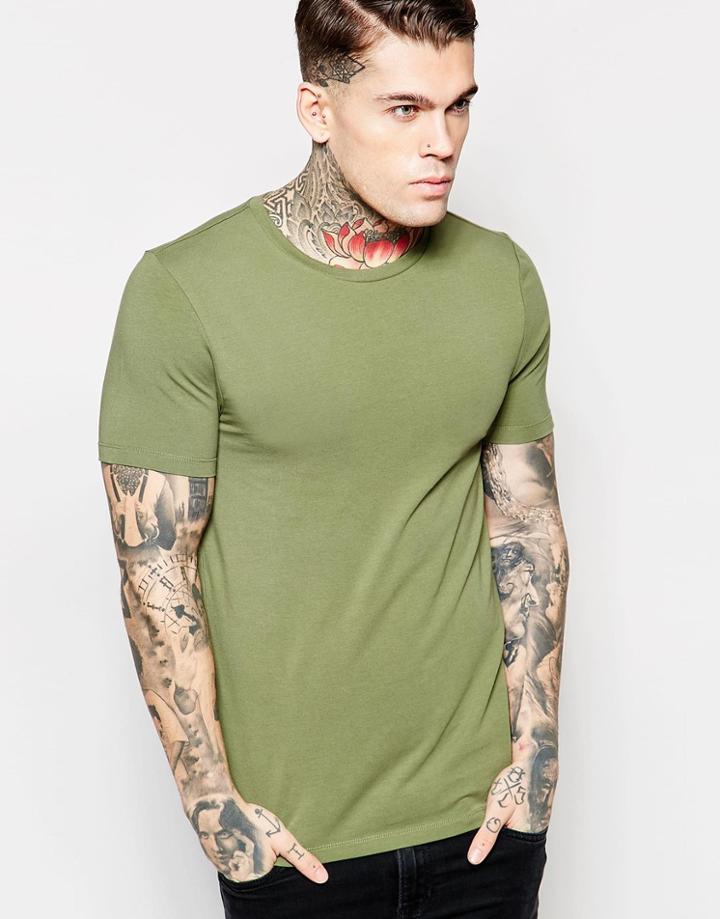Asos Muscle T-shirt With Crew Neck And Stretch - Olivine