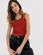 Asos Design Lace Trim Tank Top In Tobacco - Yellow