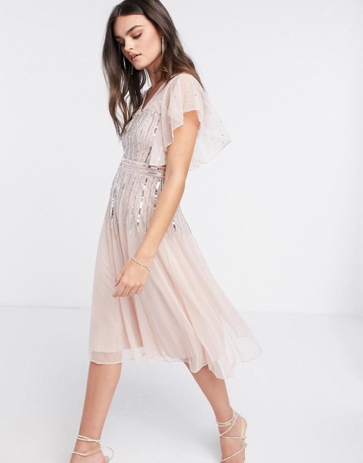 Frock And Frill Scattered Sequin Midi Skater Dress With Angel Sleeve In Blush-pink