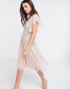 Frock And Frill Scattered Sequin Midi Skater Dress With Angel Sleeve In Blush-pink