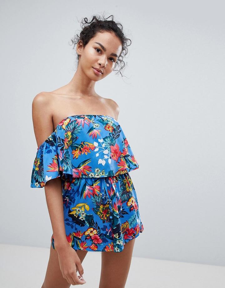 Influence Bardot Floral Romper - Blue