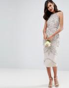 Asos Wedding Embellished Floral Drape Back Pencil Midi Dress - Gray