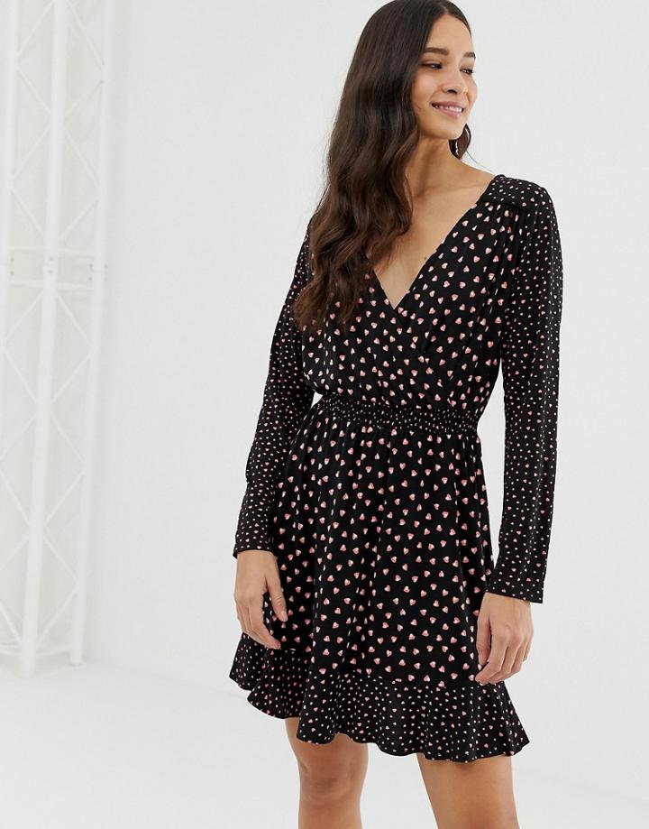 Oasis Wrap Dress With Sheered Waist In Heart Print - Black