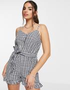 New Look Button Through Romper In Blue Check-blues