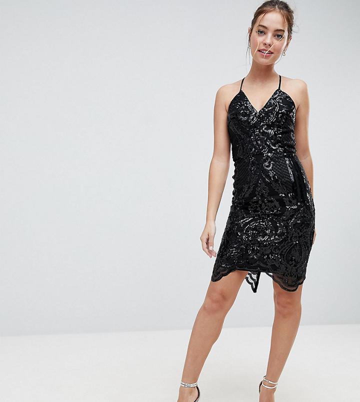 Chi Chi London Petite Cami Midi Pencil Dress With Lace Up Front-black