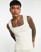 Asos Design Muscle Square Neck Tank Top In Ecru Texture-white