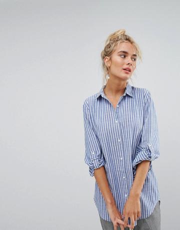 Willow And Paige Boyfriend Shirt In Chambray Stripe - Blue