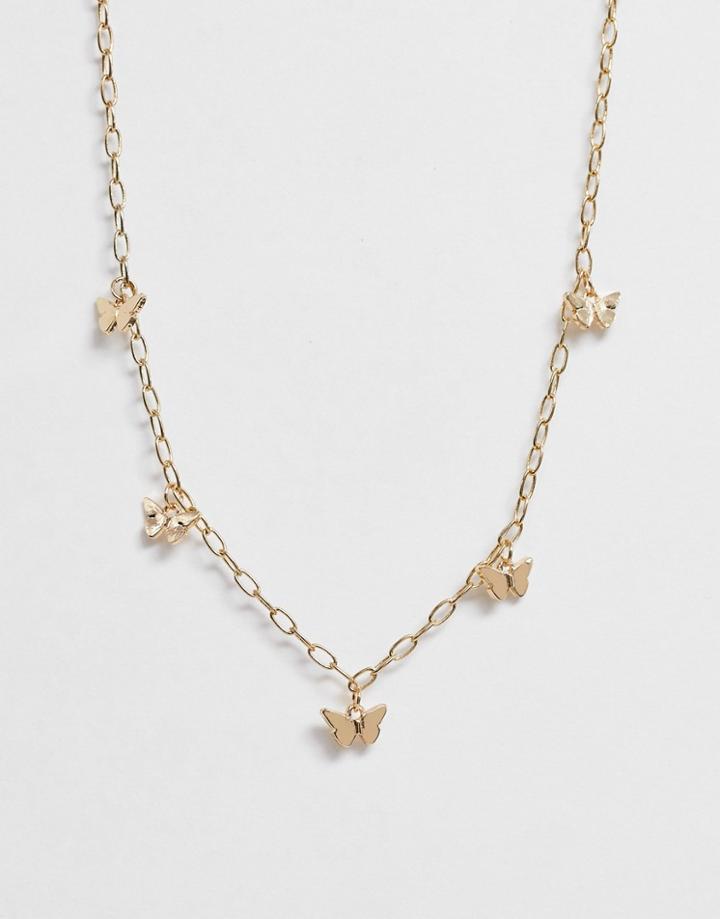 Asos Design Choker Necklace With Butterfly Pendants In Gold Tone