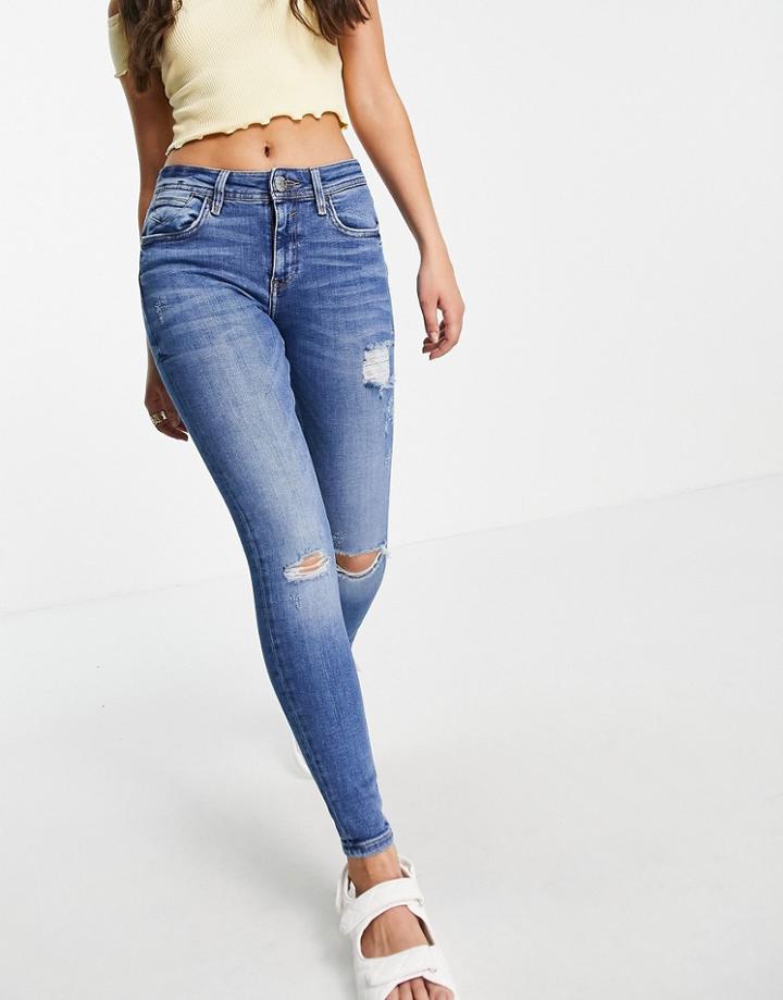River Island Amelie Distressed Skinny Jeans In Mid Auth Blue-blues