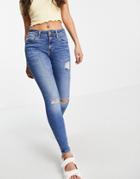 River Island Amelie Distressed Skinny Jeans In Mid Auth Blue-blues