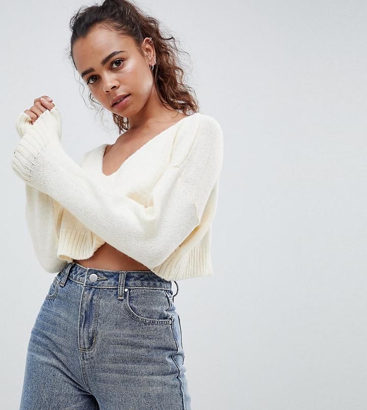 Asos Design Petite Cropped Sweater In Fluffy Yarn And Off Shoulder - Cream