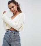Asos Design Petite Cropped Sweater In Fluffy Yarn And Off Shoulder - Cream