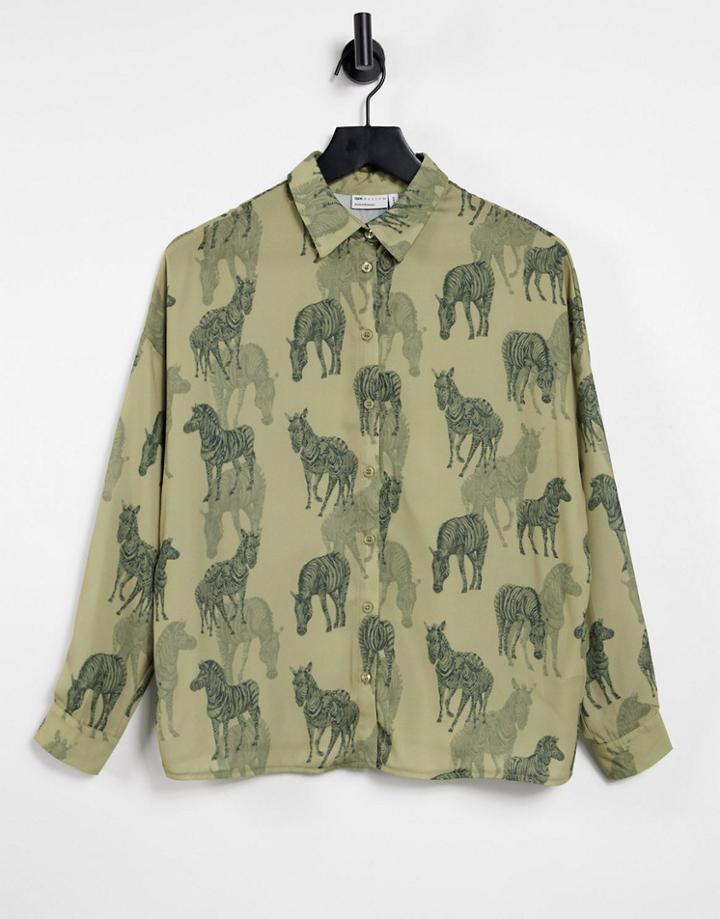 Asos Design Long Sleeve Shirt In Khaki Zebra Print-green