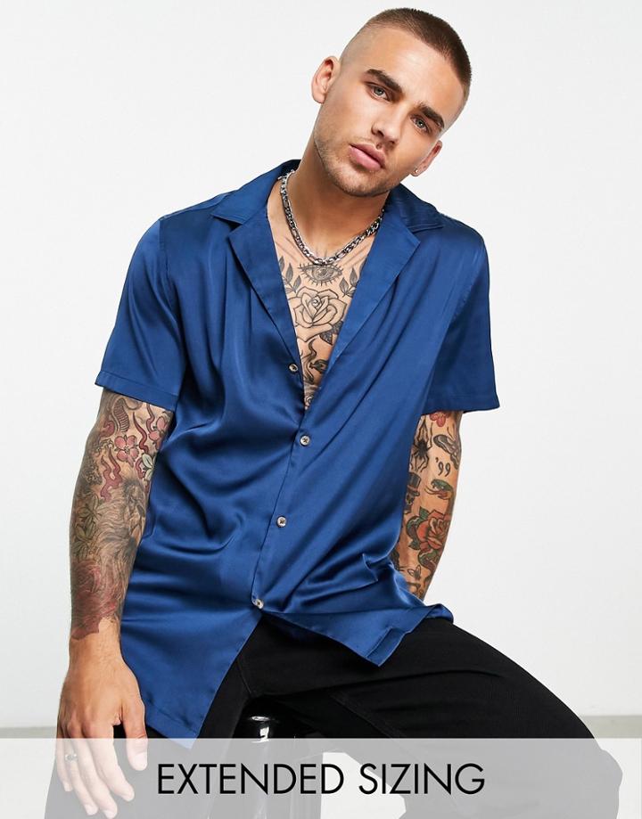 Asos Design Regular Deep Camp Collar Satin Shirt In Navy